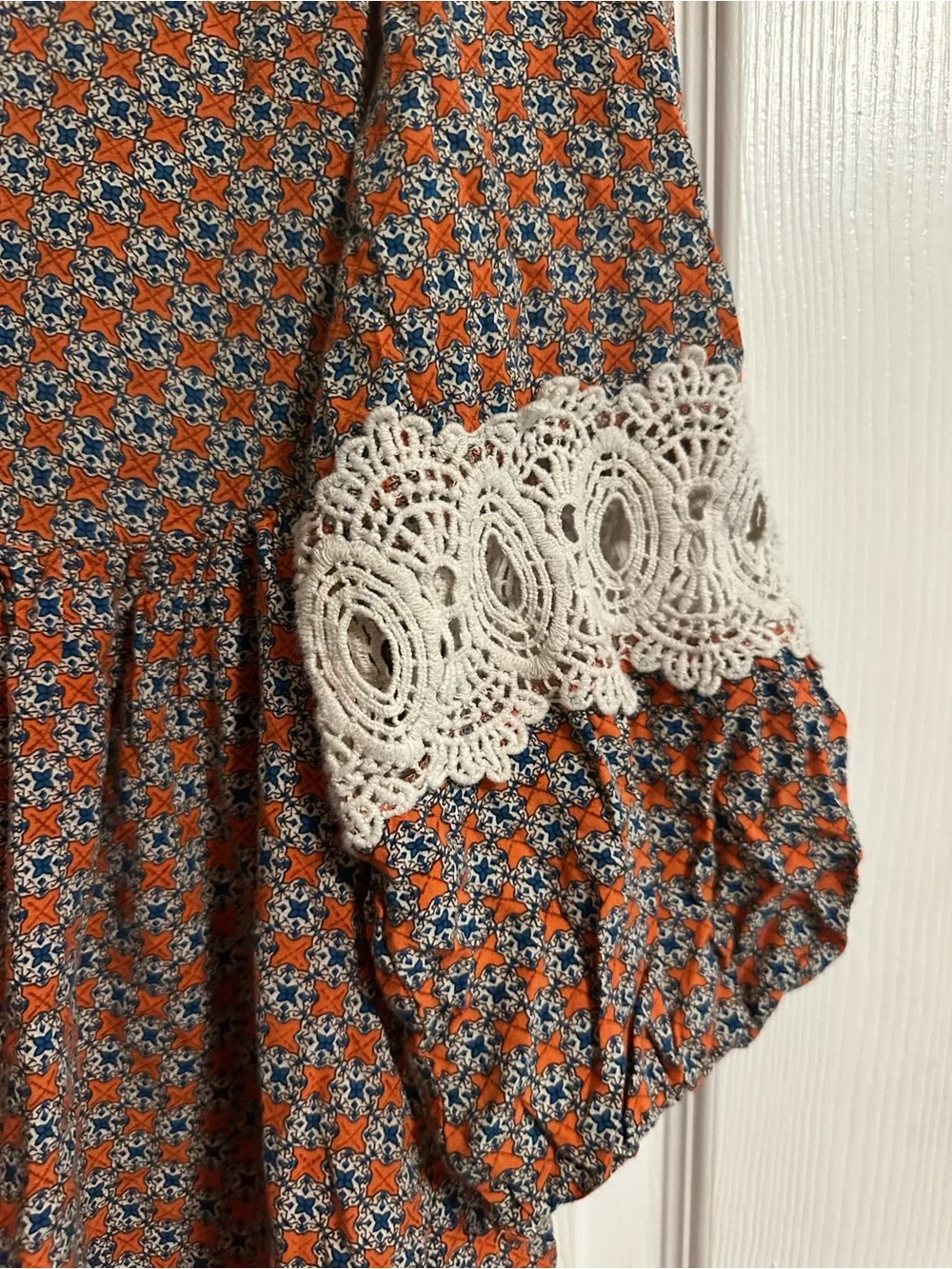 Umgee Boho Peasant Mini A-line Dress Size Large Blue & Orange Geometric - Picture 4 of 8